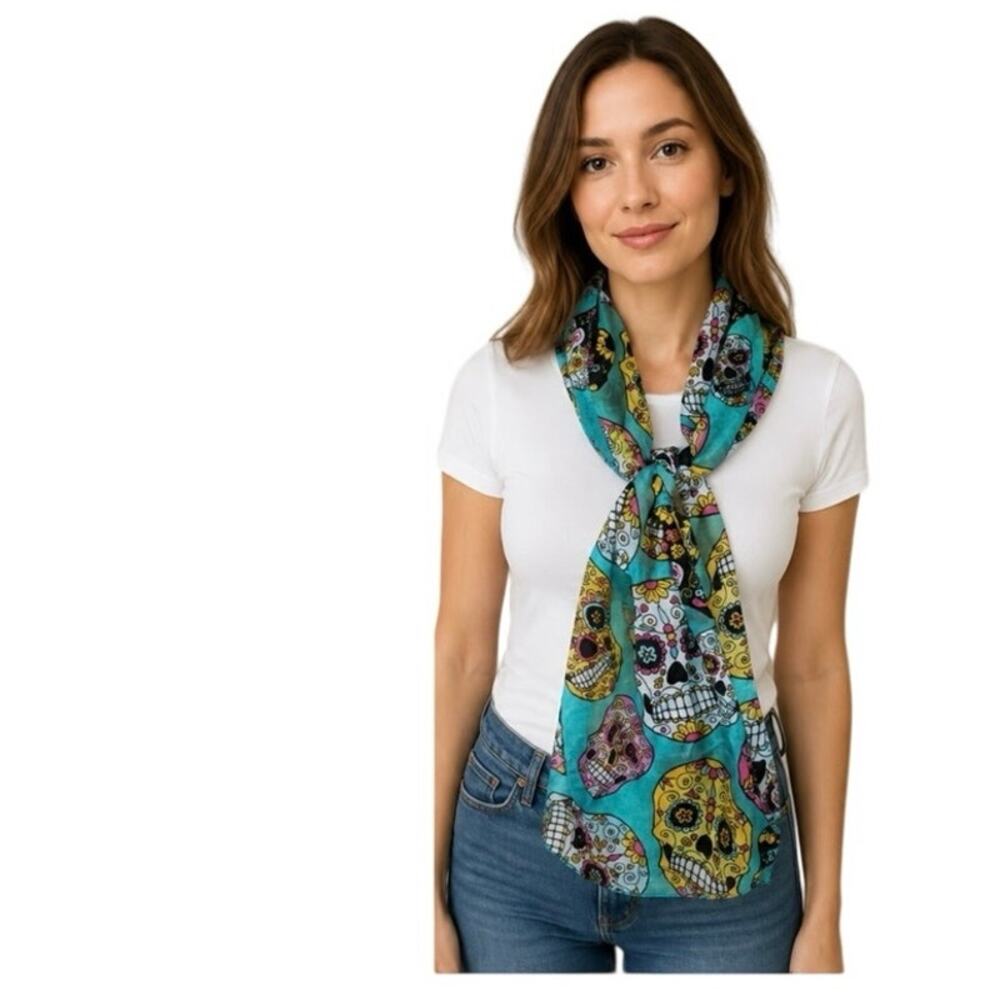 Sugar Skull Scarf Teal
Multi Colored Day of the Dead Lightweight Fashion Wrap